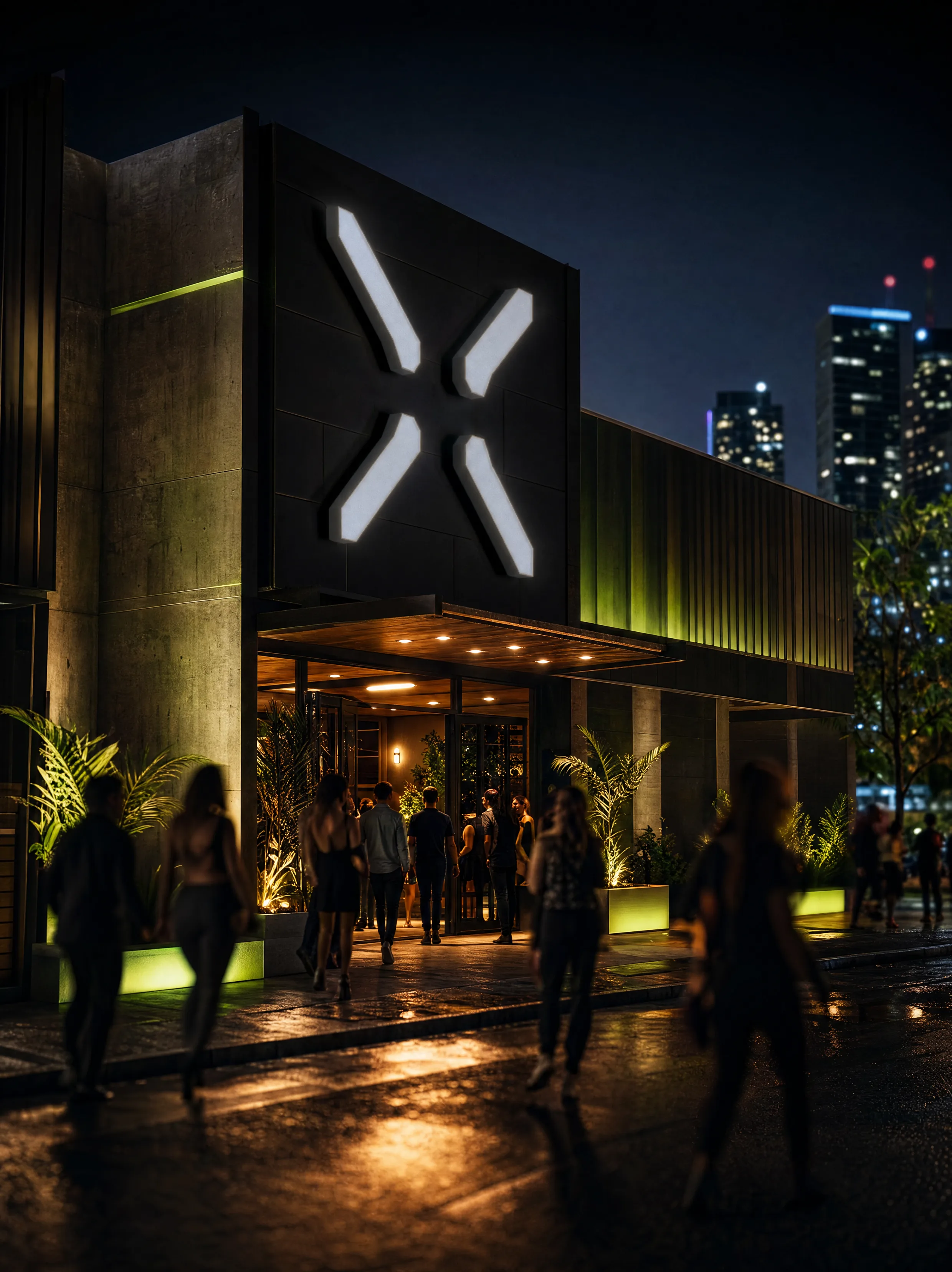 RHX partner venue exterior at night with city skyline