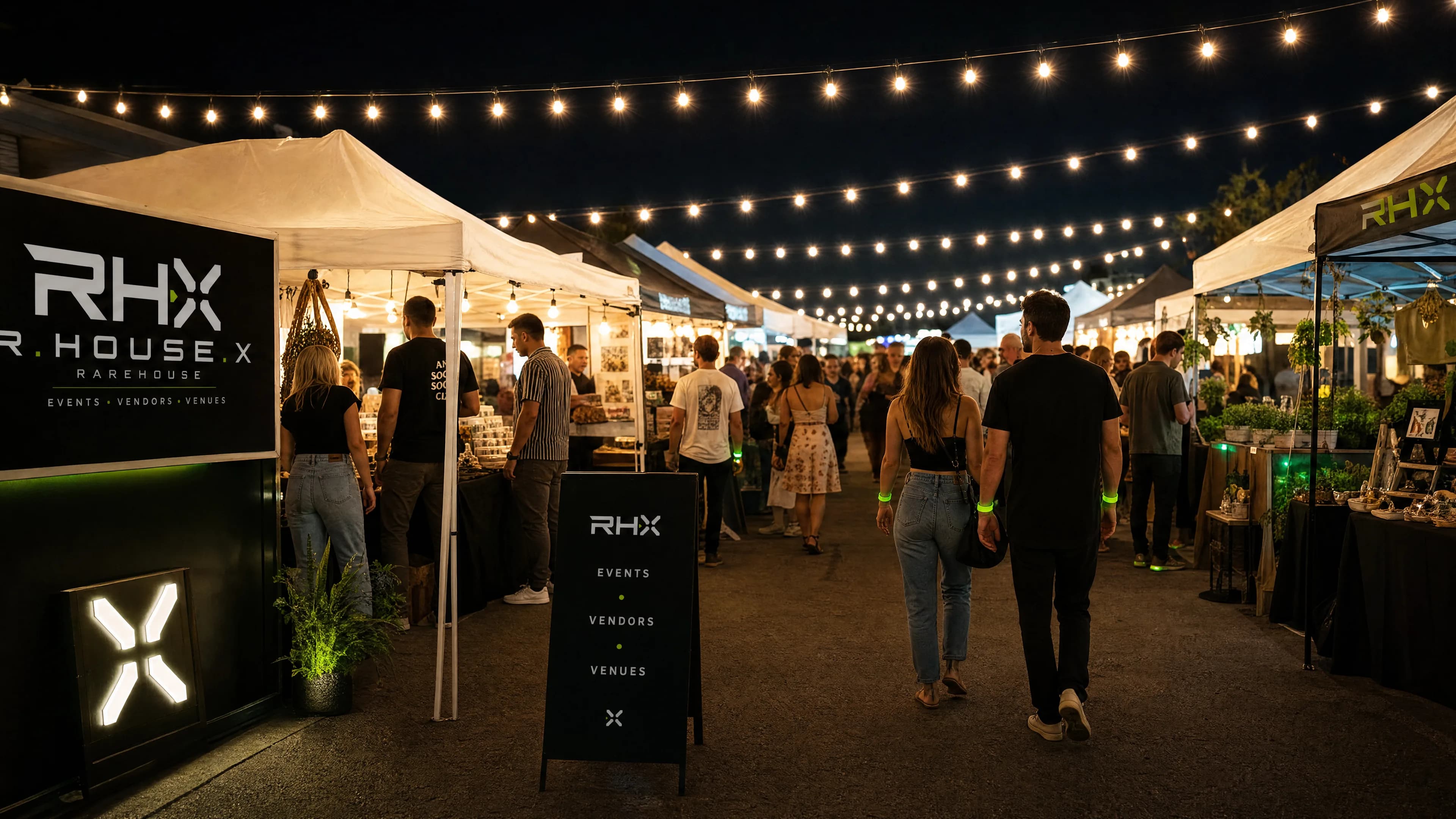 RHX-branded vendor market with tent signage and activations
